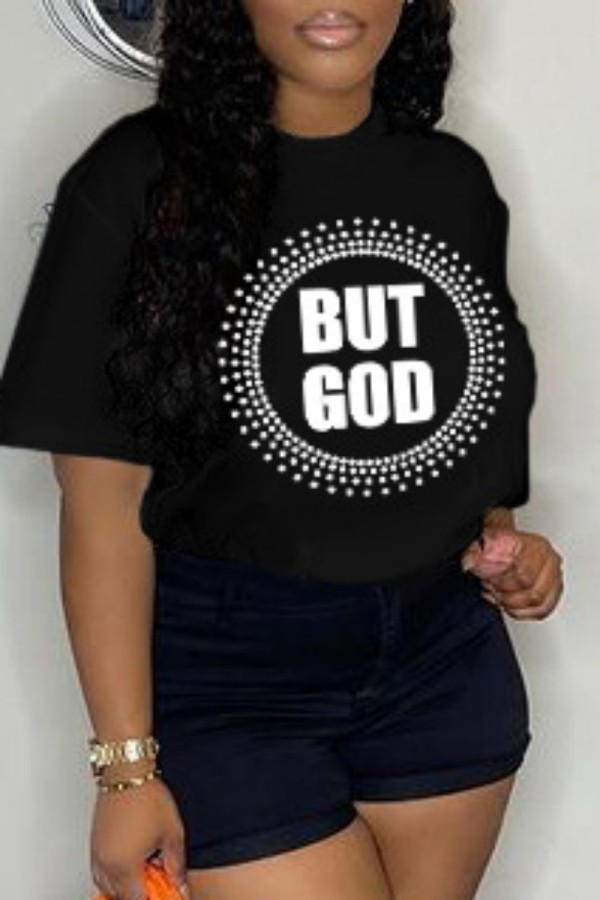 Black Casual Letter Print Basic O Neck T-Shirts