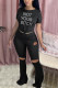 Black Fashion Sexy Short Sleeve O Neck Regular Sleeve Regular Letter Print Two Pieces