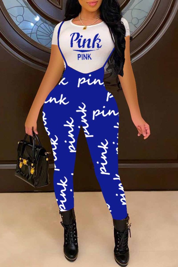 Peacock Blue Casual Print Letter O Neck Short Sleeve Two Pieces