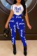Peacock Blue Casual Print Letter O Neck Short Sleeve Two Pieces