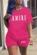Rose Red Casual Print Letter O Neck Short Sleeve Two Pieces