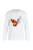 Blue Casual Butterfly Print Patchwork O Neck Tops