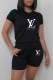 Black Casual Print Letter O Neck Short Sleeve Two Pieces