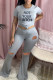 Gray Fashion Sexy Short Sleeve O Neck Regular Sleeve Regular Letter Print Two Pieces