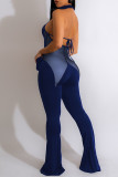 Blue Sexy Solid Patchwork See-through Backless Halter Straight Jumpsuits