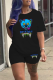 Black Street Print Patchwork O Neck Short Sleeve Two Pieces