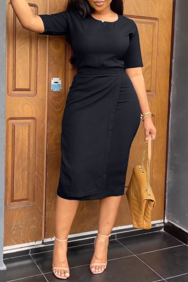 Black Casual Elegant Solid Patchwork O Neck One Step Skirt Dresses