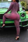 Blue Sexy Striped Print Patchwork U Neck Skinny Jumpsuits