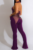 Purple Sexy Solid Patchwork See-through Backless Halter Straight Jumpsuits