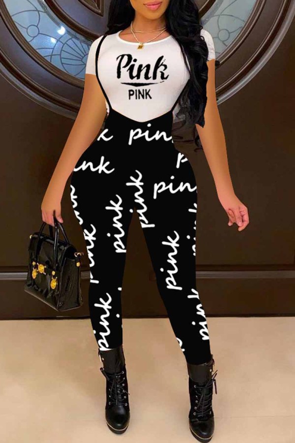 Black Casual Print Letter O Neck Short Sleeve Two Pieces