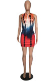 Red Sexy Print Tie-dye V Neck Sleeveless Dress Dresses