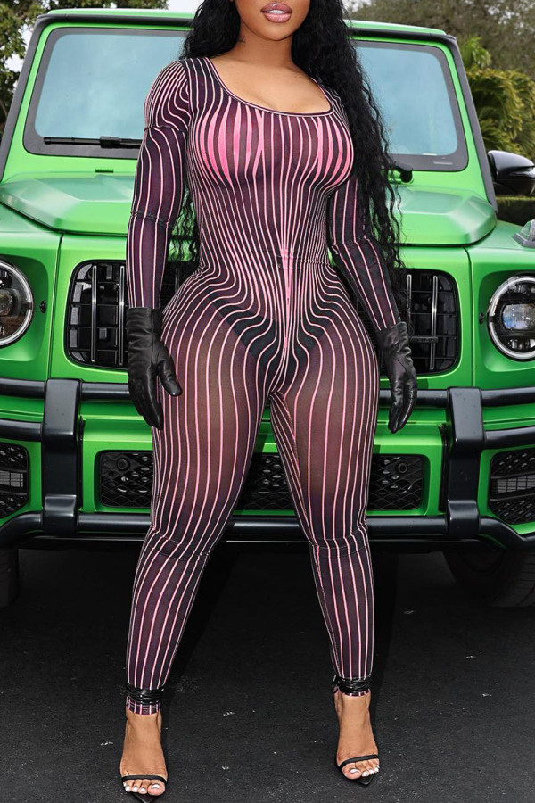 Rose Pink Sexy Striped Print Patchwork U Neck Skinny Jumpsuits