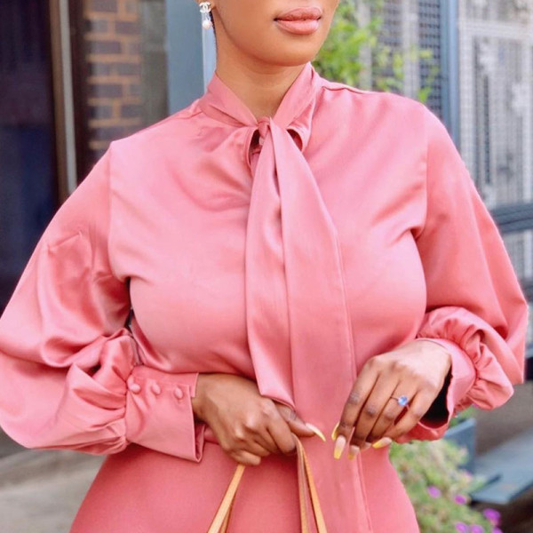 Pink Casual Solid Patchwork Ribbon Collar Tops