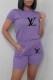 Purple Casual Print Letter O Neck Short Sleeve Two Pieces