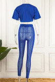 Blue Casual Solid See-through O Neck Short Sleeve Two Pieces