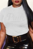 White Casual Letter Hot Drill O Neck T-Shirts