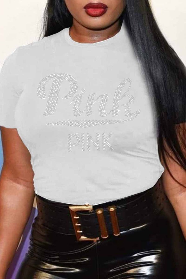 White Casual Letter Hot Drill O Neck T-Shirts