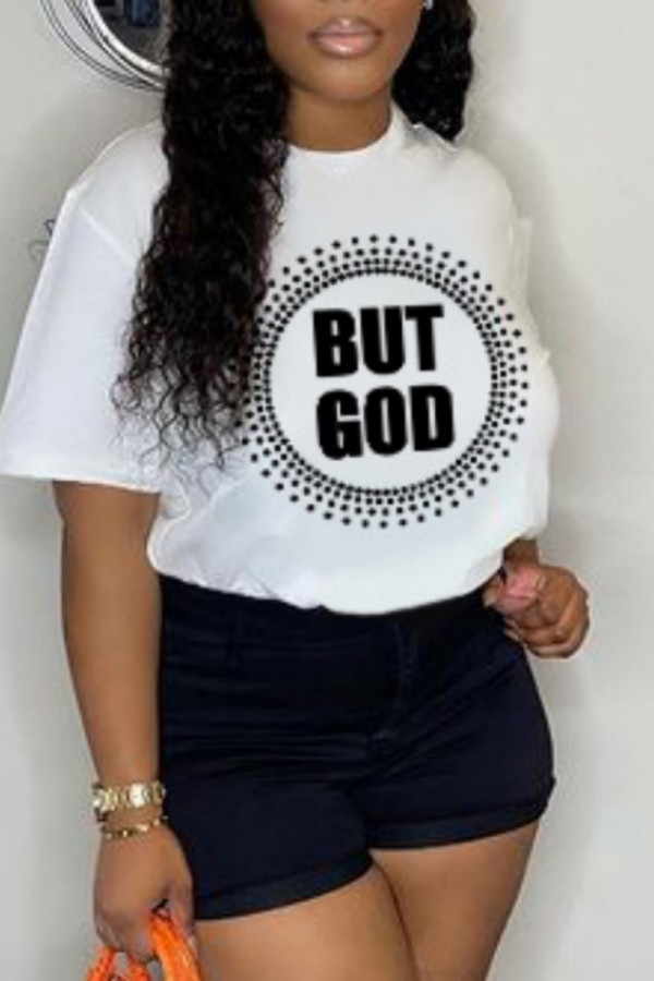 White Casual Letter Print Basic O Neck T-Shirts