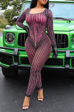 Blue Sexy Striped Print Patchwork U Neck Skinny Jumpsuits