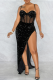 Black Sexy Patchwork Sequins High Opening Spaghetti Strap Trumpet Mermaid Dresses