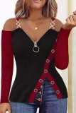 Black Casual Patchwork Backless Contrast V Neck Tops