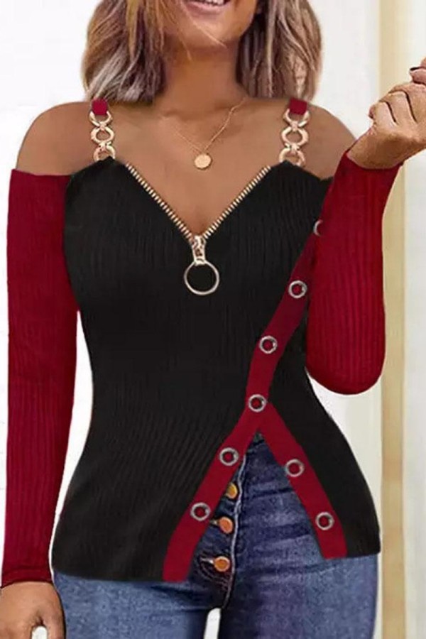 Black Casual Patchwork Backless Contrast V Neck Tops