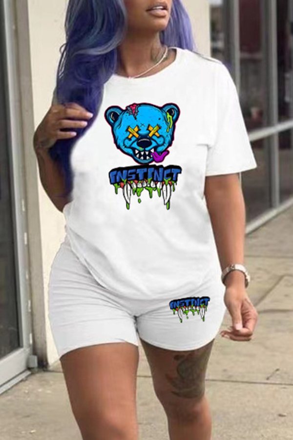 White Street Print Patchwork O Neck Short Sleeve Two Pieces