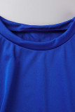 Blue Casual Solid See-through O Neck Short Sleeve Two Pieces