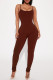 Brown Casual Street Solid Patchwork Spaghetti Strap Skinny Jumpsuits