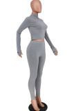 Grey Fashion Casual Adult Solid Embroidered O Neck Long Sleeve Regular Sleeve Regular Two Pieces