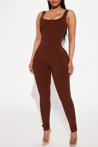 Brown Casual Sportswear Solid Patchwork U Neck Skinny Jumpsuits