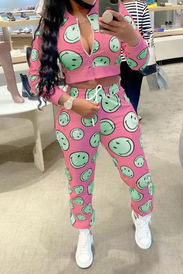 Pink Street Print Draw String Zipper Collar Long Sleeve Two Pieces