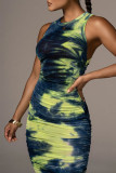 Green Casual Print Patchwork O Neck Pencil Skirt Dresses