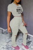 Pink Casual Print Ripped Fold O Neck Short Sleeve Two Pieces