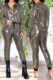 Silver Street Bronzing Patchwork Turndown Collar Long Sleeve Two Pieces