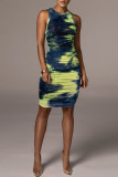 Green Casual Print Patchwork O Neck Pencil Skirt Dresses