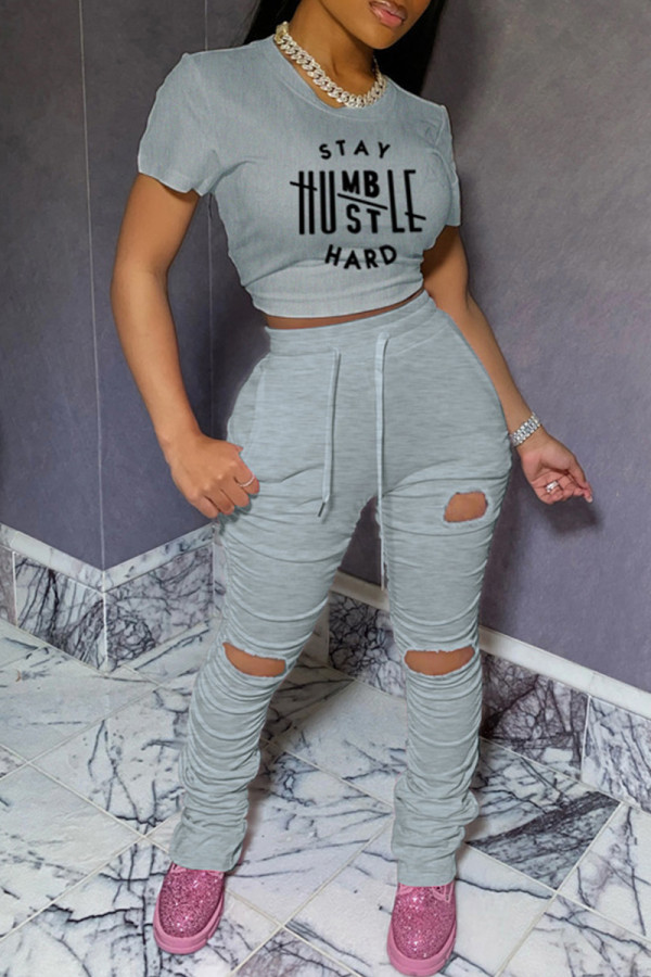 Grey Casual Print Ripped Fold O Neck Short Sleeve Two Pieces