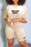 Red Casual Print Letter O Neck Short Sleeve Two Pieces