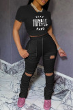 Pink Casual Print Ripped Fold O Neck Short Sleeve Two Pieces
