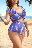 Blue Sexy Print Hollowed Out Backless V Neck Plus Size Swimwear (With Paddings)