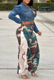 Army Green Street Camouflage Print Patchwork Boot Cut High Waist Wide Leg Full Print Bottoms