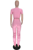 Pink Casual Print Ripped Fold O Neck Short Sleeve Two Pieces