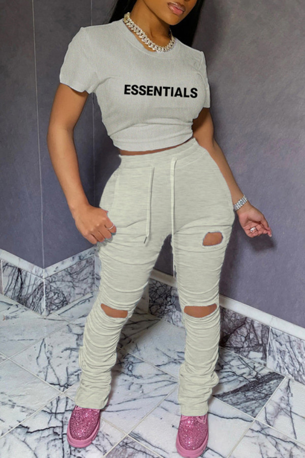 Cream White Casual Letter Print Ripped Fold O Neck Short Sleeve Two Pieces