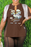Coffee Casual Print Tassel Patchwork Slit V Neck T-Shirts
