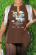 Coffee Casual Print Tassel Patchwork Slit V Neck T-Shirts