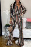 Army Green Casual Striped Print Basic Turndown Collar Long Sleeve Two Pieces