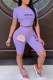 Purple Casual Print Letter O Neck Short Sleeve Two Pieces