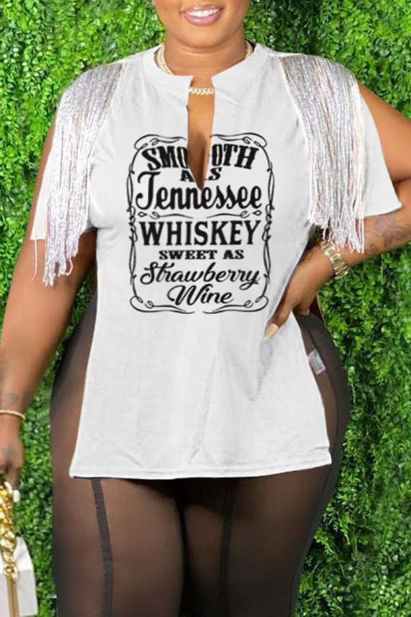 White Casual Letter Print Tassel Patchwork Slit V Neck T-Shirts
