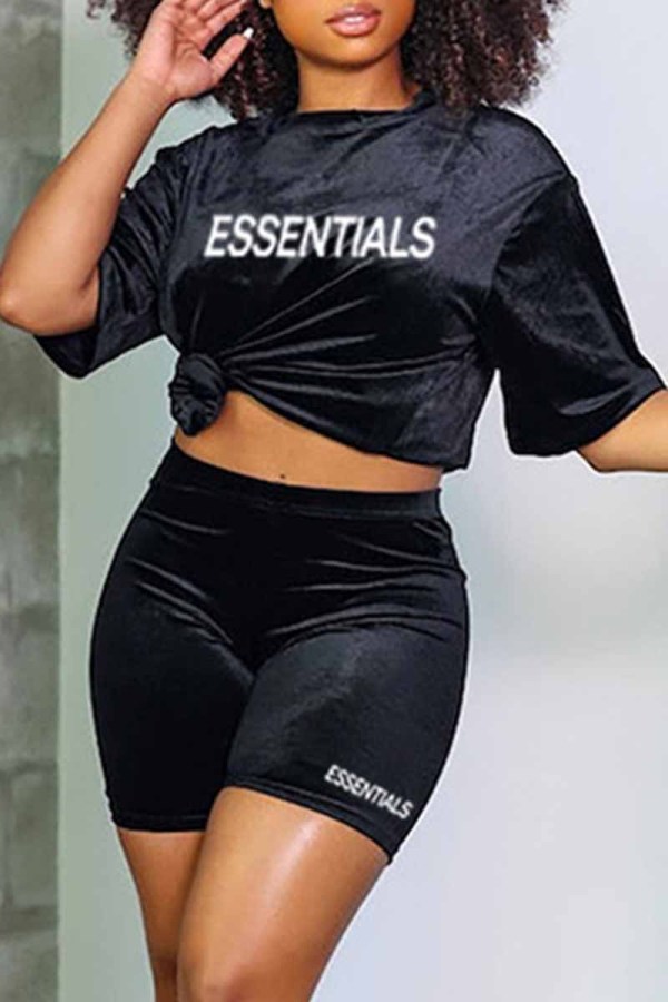 Black Street Print Letter O Neck Short Sleeve Two Pieces