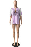 Coffee Casual Letter Print Tassel Patchwork Slit V Neck T-Shirts